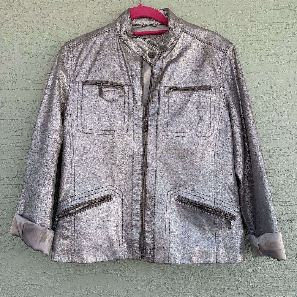 Chico's Women's Silver Leather Moto Jacket Size 1 Long Sleeve Zip Up